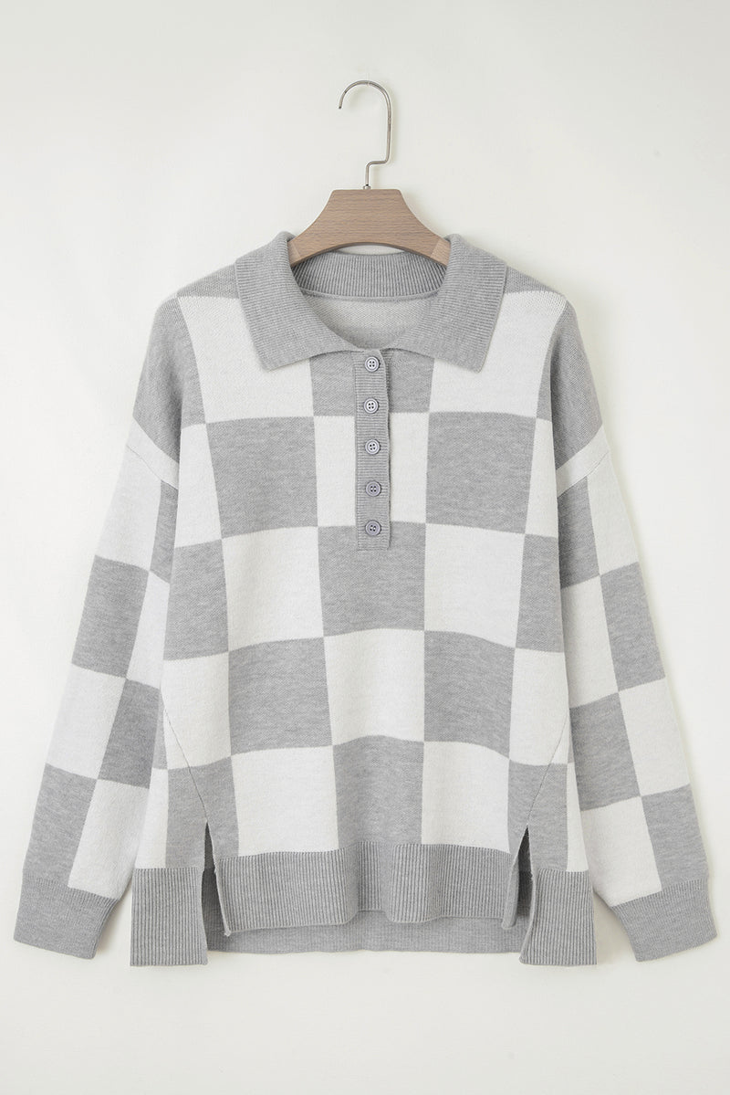 Plus Size Checkered Pattern Button Polo Collar Split Sweater