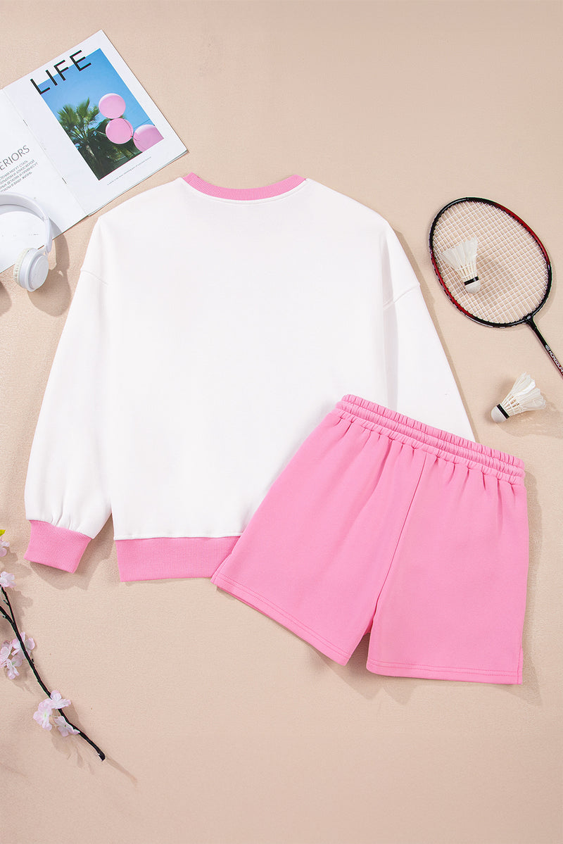 Color Block Pullover and Lace-up Elastic Waist Shorts Set