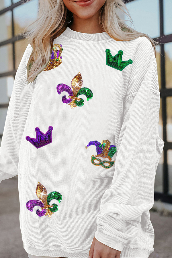 Sequin Mardi Gras Symbol Crown Mask Patched Corded Sweatshirt