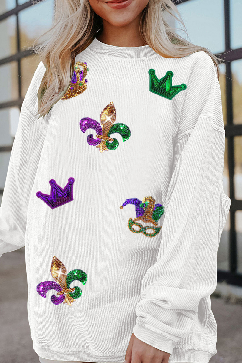 Sequin Mardi Gras Symbol Crown Mask Patched Corded Sweatshirt