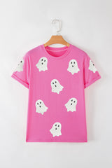 Sachet Pink Sequin Halloween Ghost Patched Casual T Shirt