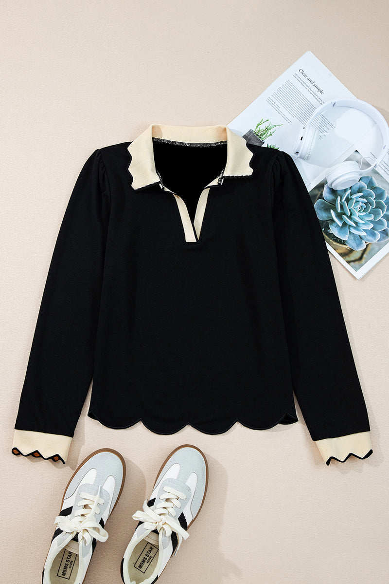 Scallop Trim Color Block Long Sleeve Collared Top