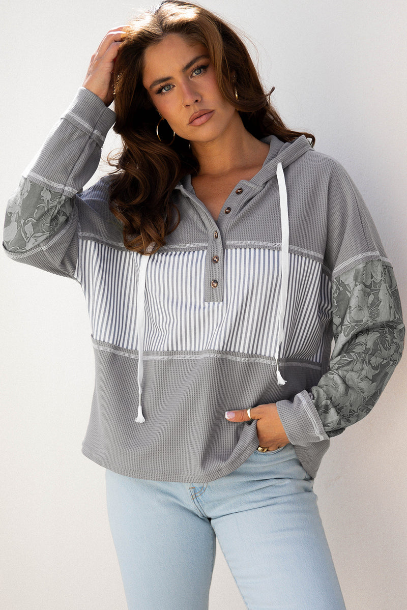 Waffle Printed Patchwork Drawstring Hooded Long Sleeve Top