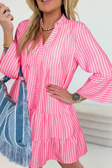 Pink Stripe Flare Sleeve Half Placket Tiered Flowy Mini Dress