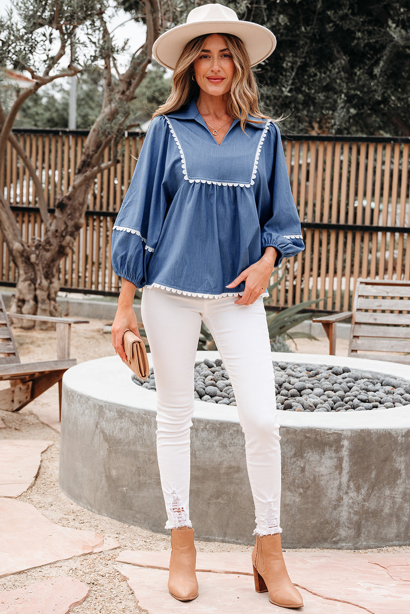 Lace Ric Rac 3/4 Puff Sleeve Collared Babydoll Blouse