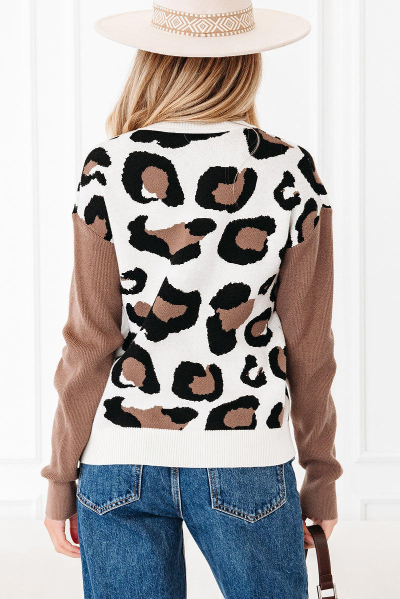 Beige Leopard Print Color Block Patchwork Sleeve V Neck Sweater