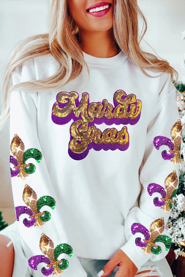 Sequin Mardi Gras Patched Pattern Fleur de Lis Sleeve Sweatshirt
