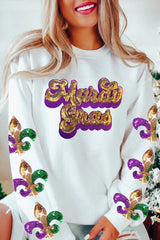 Sequin Mardi Gras Patched Pattern Fleur de Lis Sleeve Sweatshirt