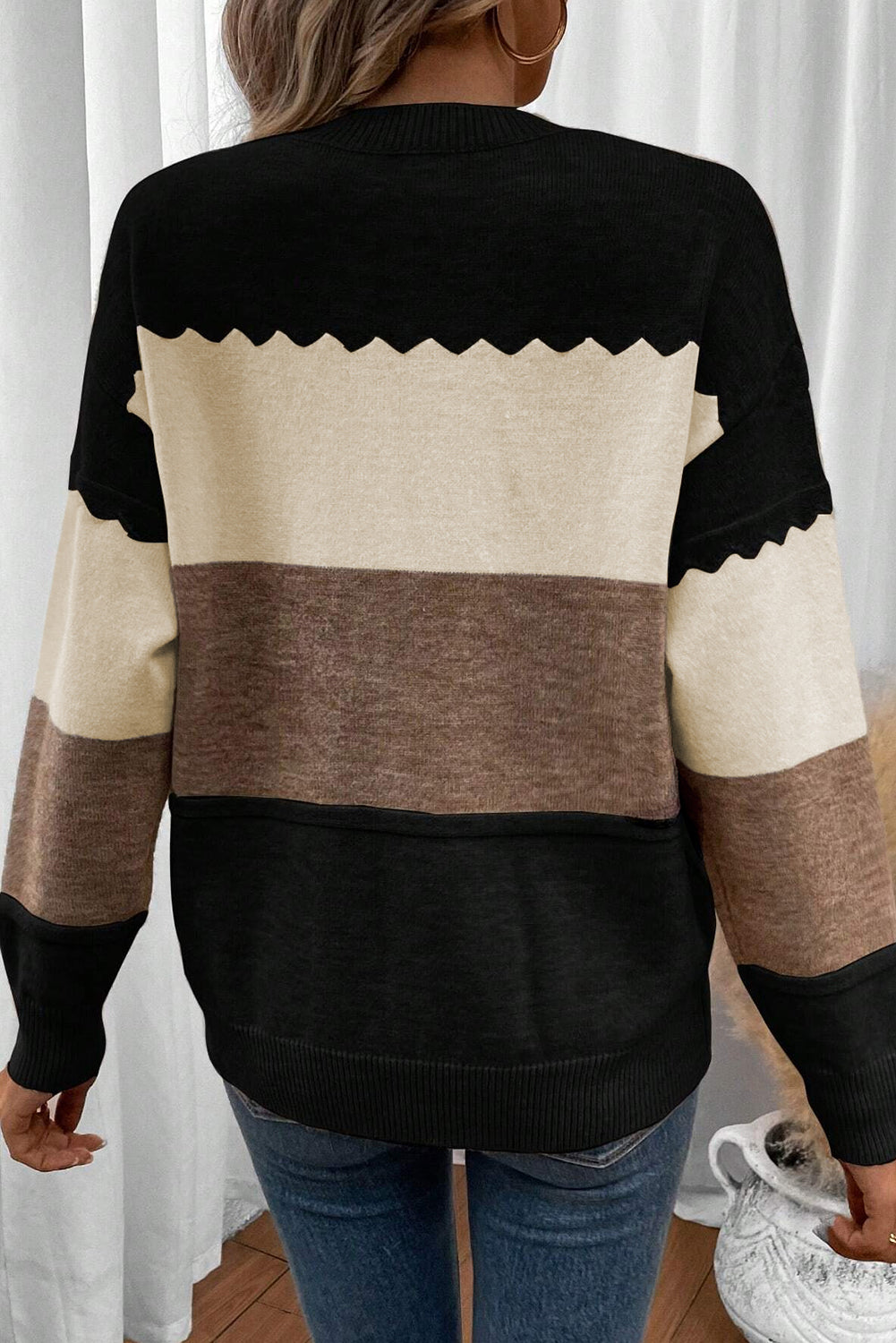 Black Colorblock Crew Neck Drop Shoulder Sweater