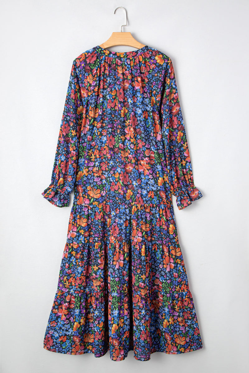 Print Tassel Tie V Neck Long Sleeve Flowy Long Dress