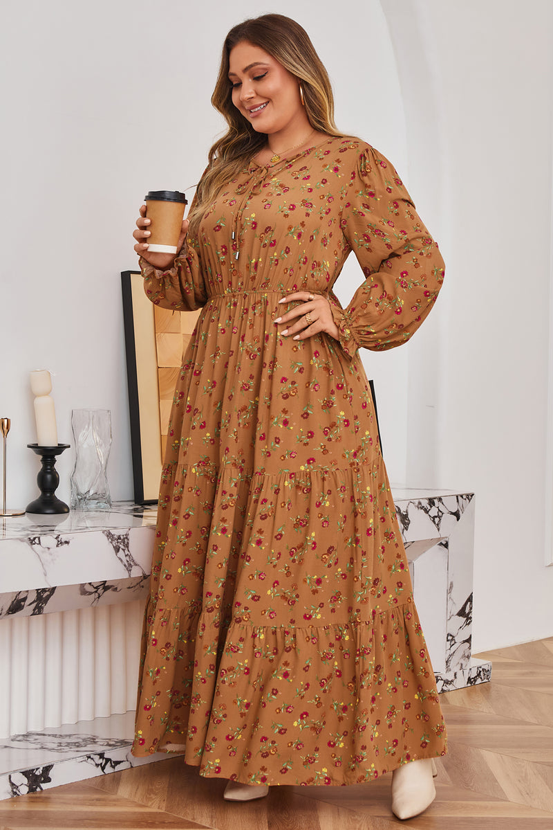 Plus Size Floral Split V Neck Ruffled Sleeve Tiered Maxi Dress