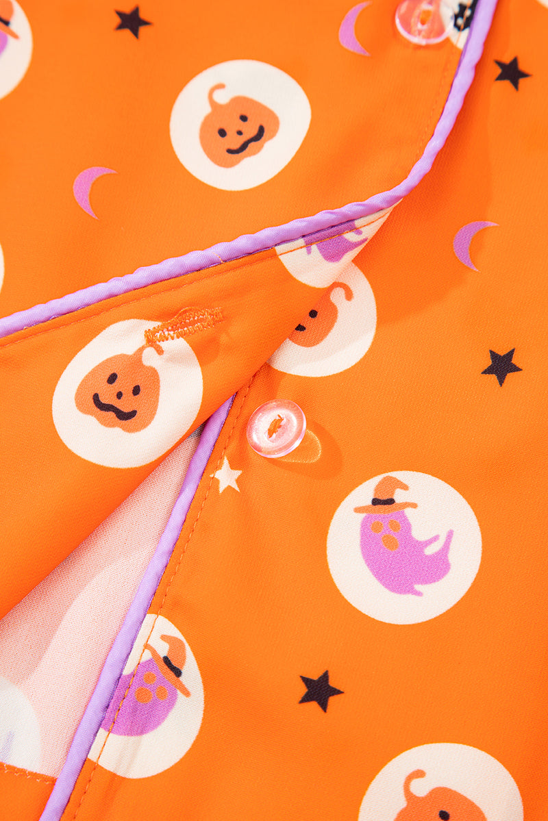Halloween Print Lapel Shirt Long 2pcs Pajama Set