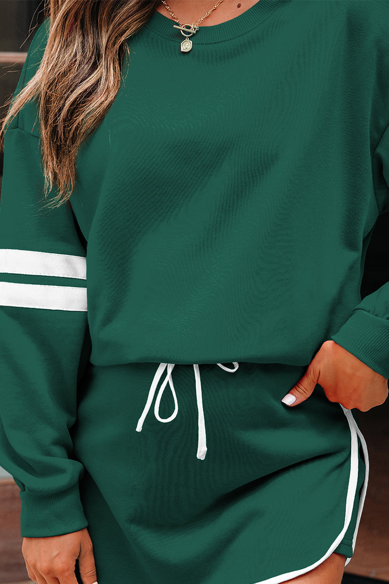 Varsity Stripe Detail Drop Shoulder Pullover Mini Skirt Set