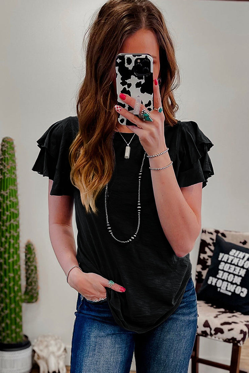 Solid Layered Ruffle Short Sleeve Round Neck Top