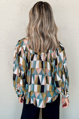 Geometric Print Buttoned Balloon Sleeve Loose Fit Shirt
