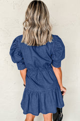 Drawstring High Waist Puff Sleeve Denim Mini Dress