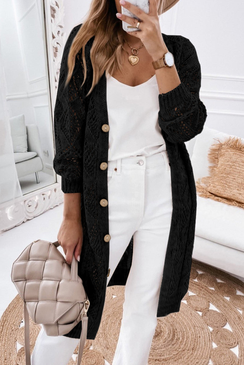 Solid Hollow-out Openwork Knit Cardigan