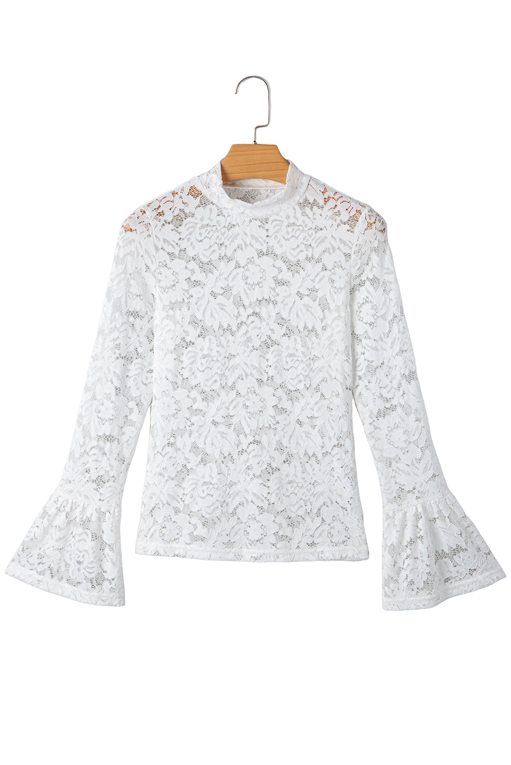 Lace Crochet Bell Sleeve Mock Neck Blouse
