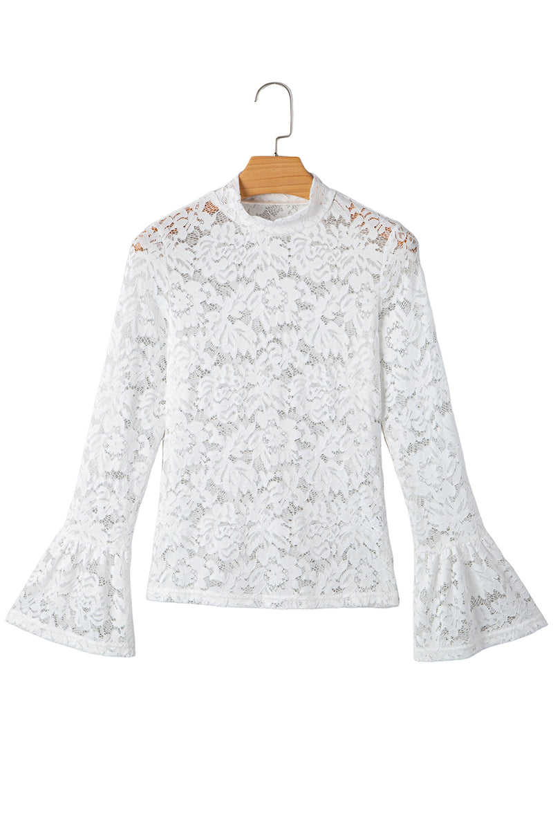 Lace Crochet Bell Sleeve Mock Neck Blouse