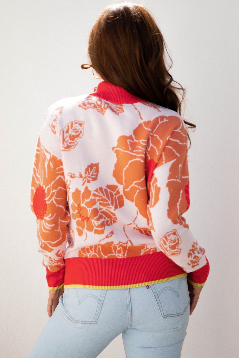 Floral Half Zip Collared Pullover Sweater