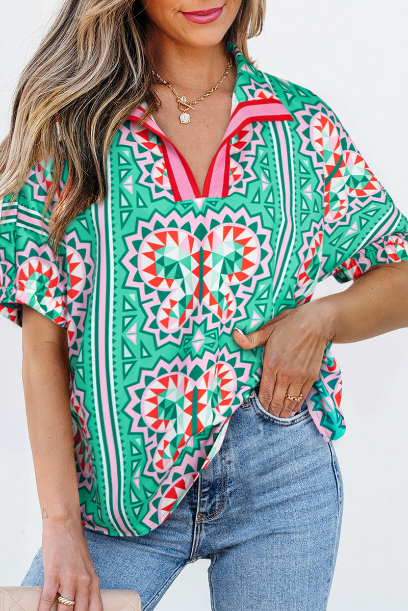 Boho Abstract Print Contrast Striped Collared V Neck Blouse