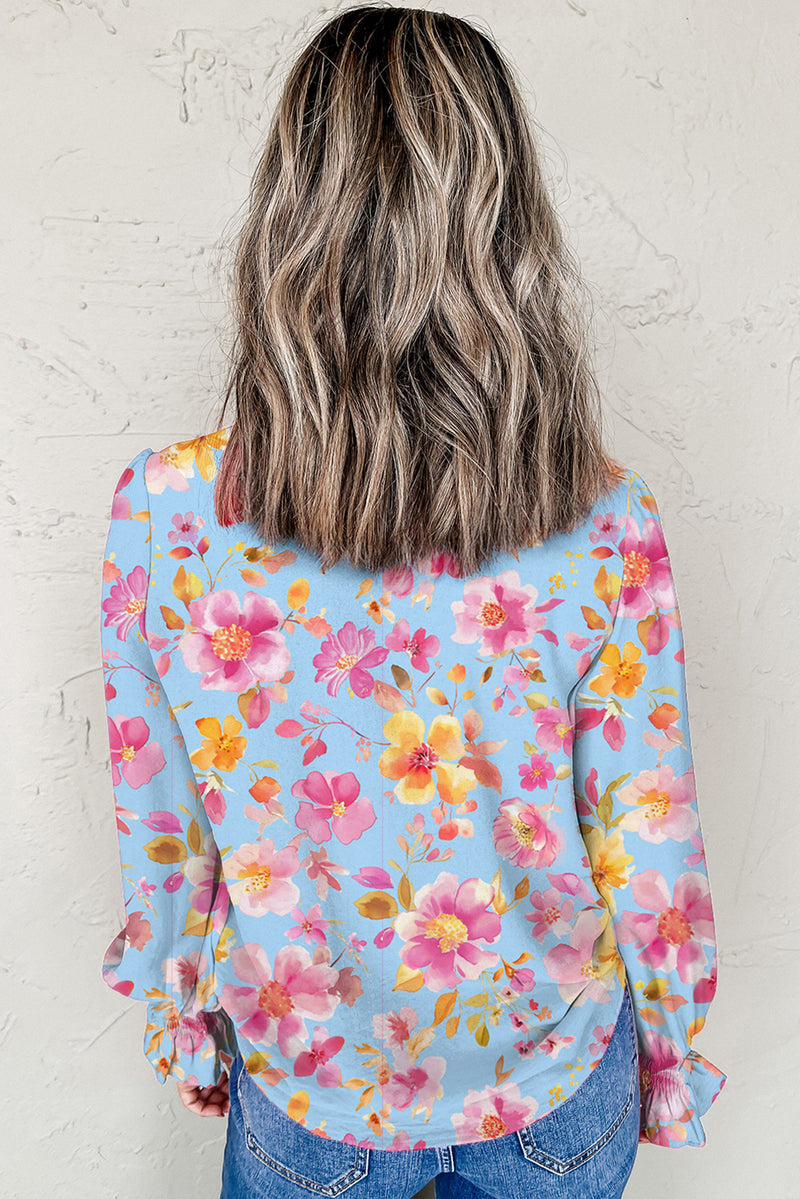Floral Smocked Cuff Flounce Sleeve V Neck Blous