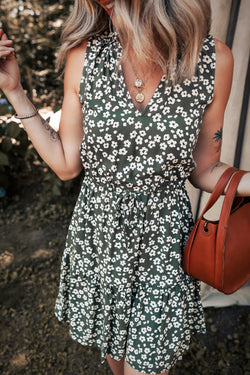 Boho Floral Print V Neck Tunic Sleeveless Dress