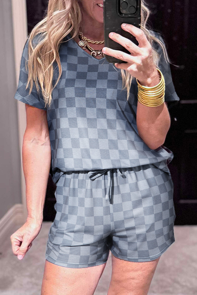 Checkered V Neck Tee Drawstring Shorts Lounge Set