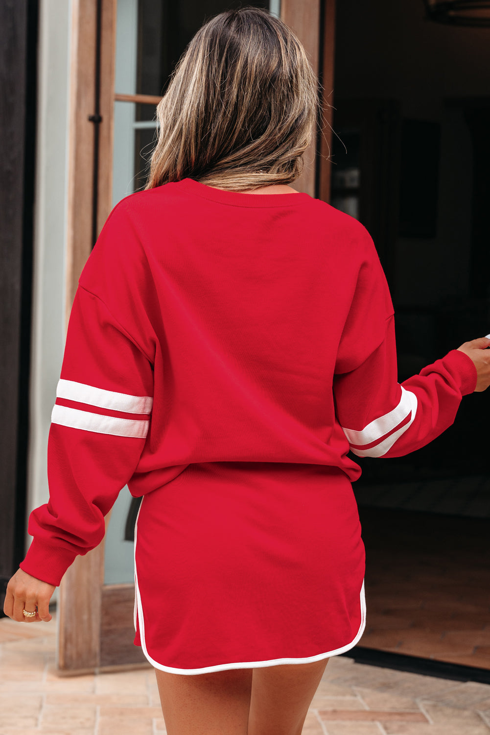 Varsity Stripe Detail Drop Shoulder Pullover Mini Skirt Set