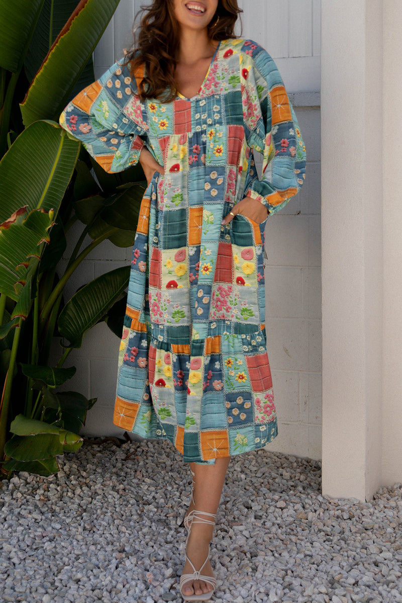 Multicolour Mix Floral Checkered Pattern Bubble Sleeve Ruffle Hem Dress