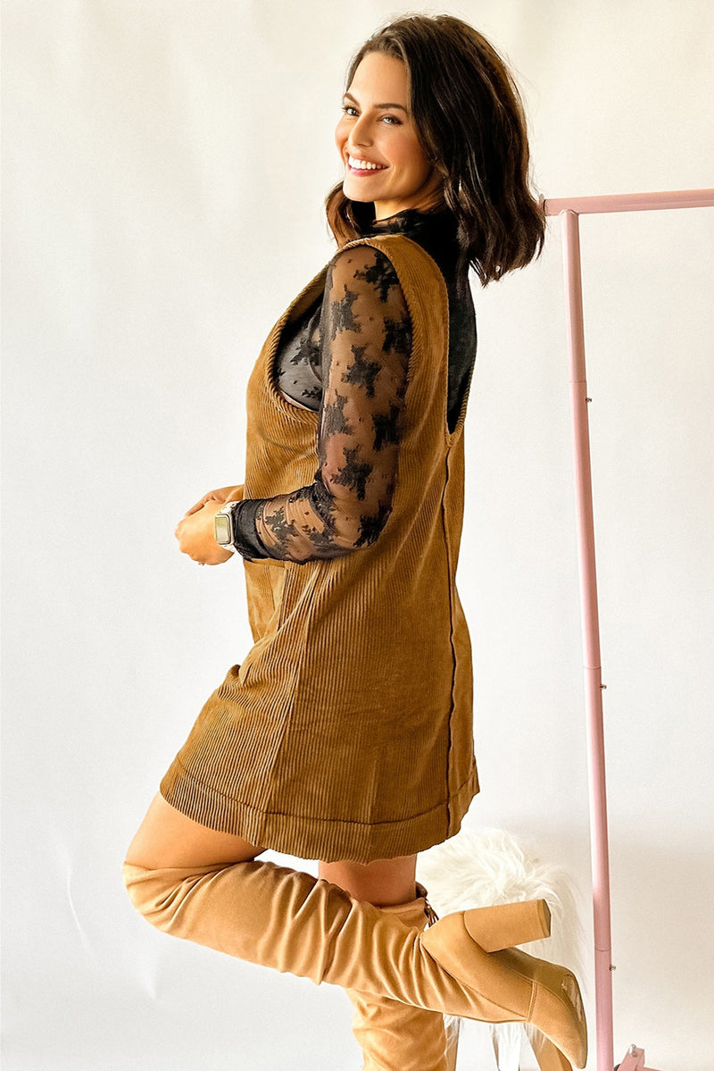 Corduroy Sleeveless Mini Dress With Patched Pockets