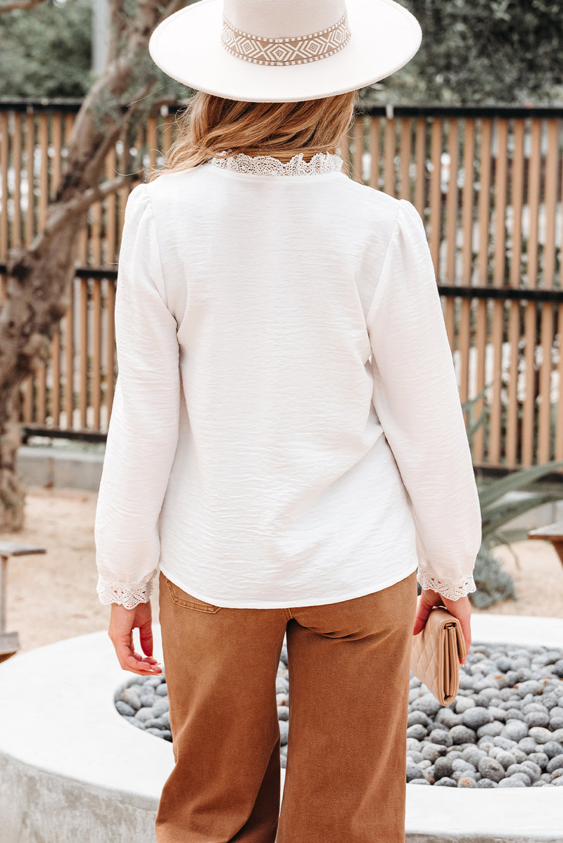 Lace Patchwork Buttoned Stand Neck Loose Shirt