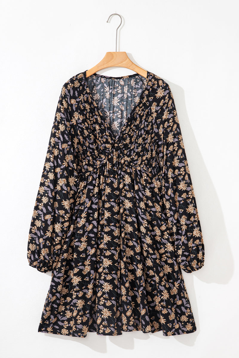 Floral Deep V Neck Smocked Bust Bubble Sleeve Babydoll Dress