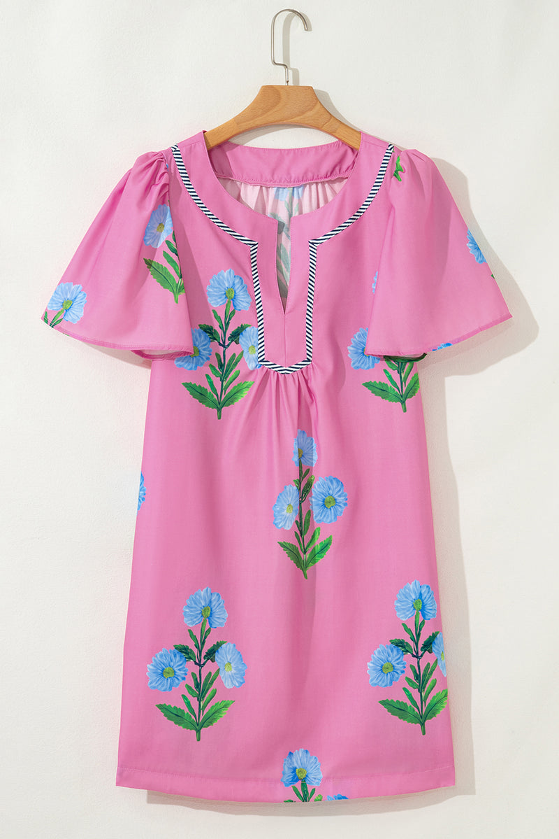 Floral Short Sleeve Split Neck Loose Mini Dress