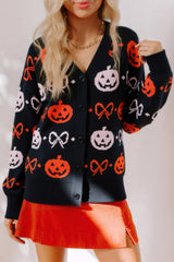 Halloween Pumpkin Bow Knit Button V Neck Sweater Cardigan