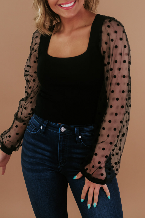 Polka Dot Mesh Puff Sleeve Patchwork Ribbed Square Neck Slim Top
