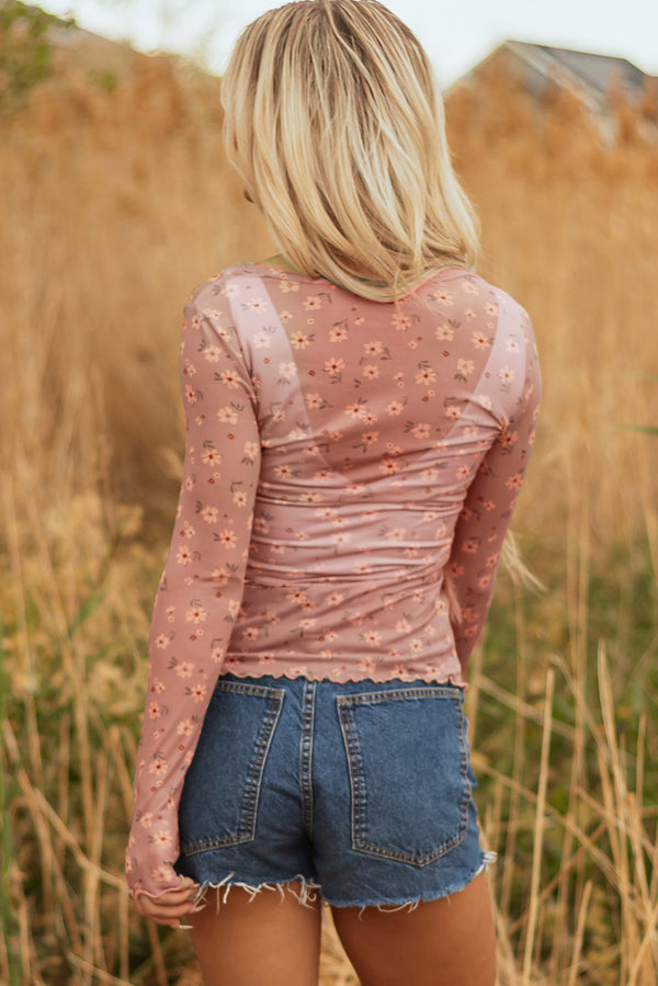 Vintage Floral Print Southern Style Mesh Long Sleeve Top