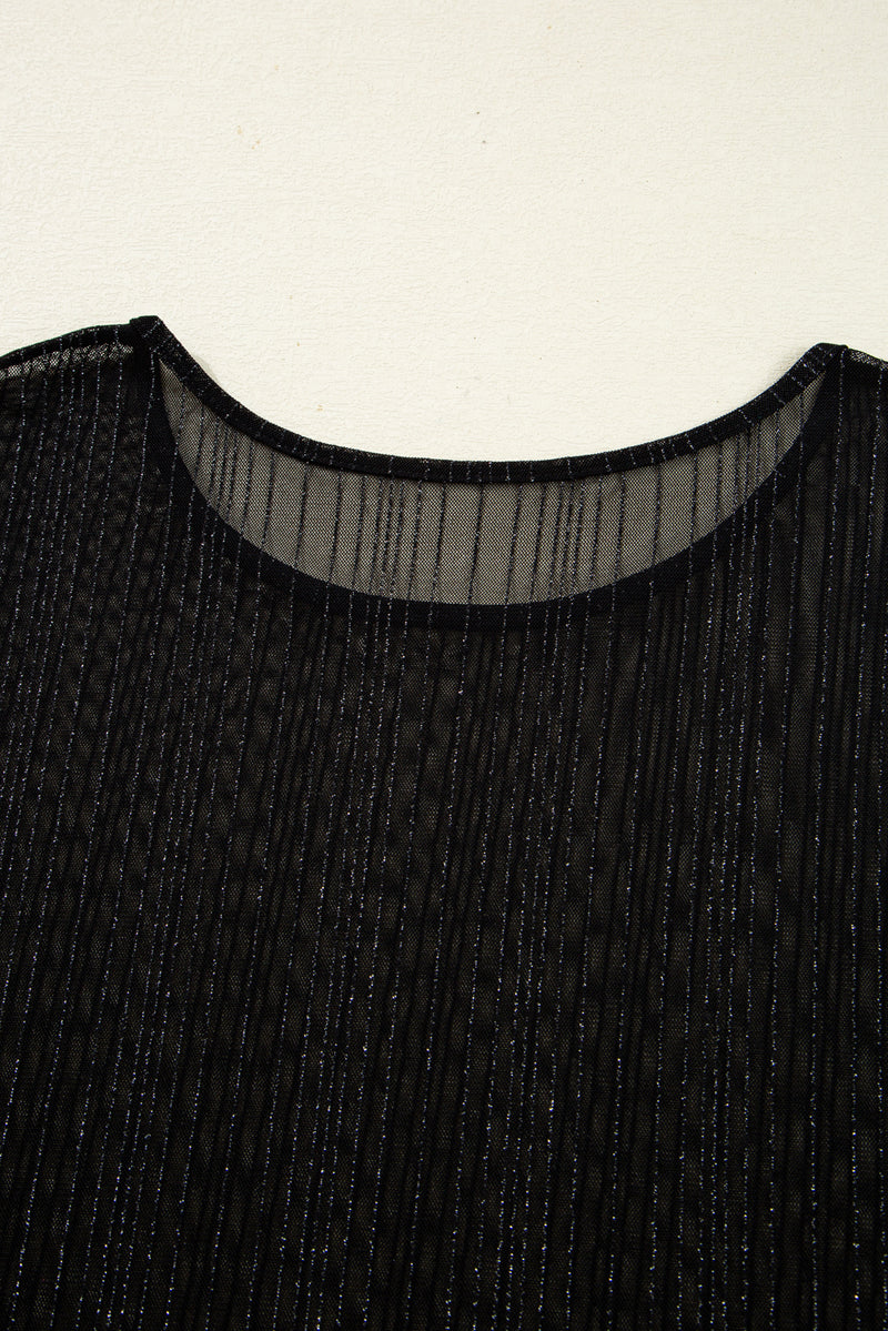 Plus Size Shimmer Textured Mesh Fitted Long Sleeve Top