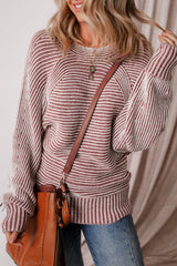 Red Striped Print Ribbed Knit Boat Neck Baggy Sweater