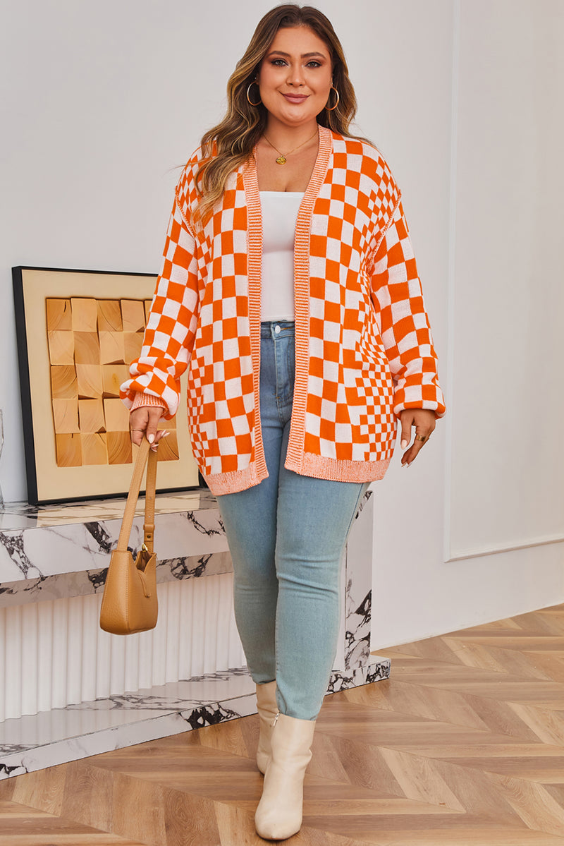 Checkered Bubble Sleeve Drop Shoulder Open Cardigan