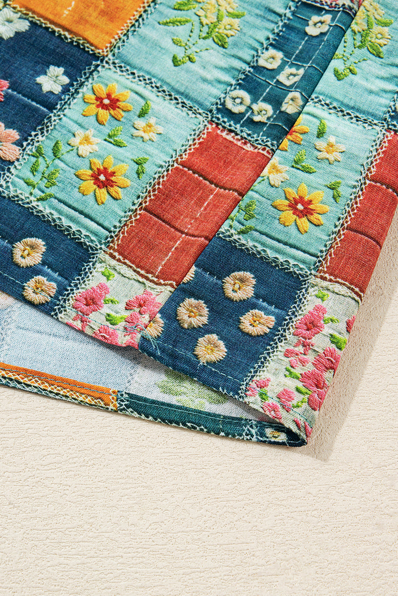 Multicolour Floral Collared V Neck Roll up Sleeve Shift Blouse