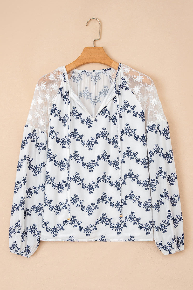 Lace Patchwork Floral Bubble Sleeve V Split Neck Blouse
