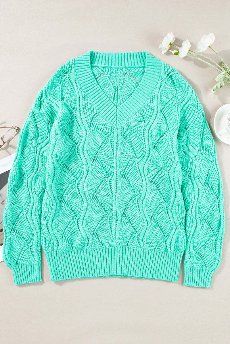 Solid Hollow Out Knit V Neck Drop Shoulder Sweater