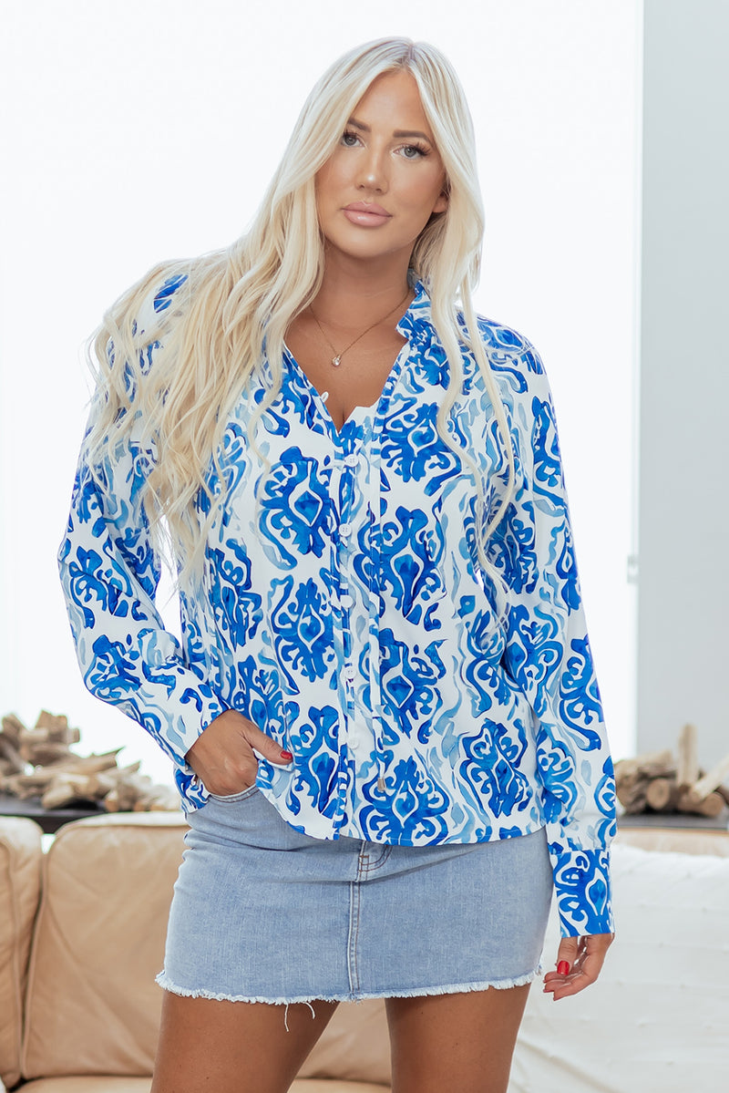 Blue Ethnic Printed Tie Split Neck Button Front Puff Sleeve Shirt