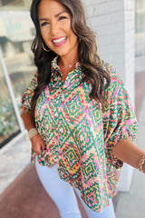 Abstract Print Half Sleeve Button up Loose Shirt