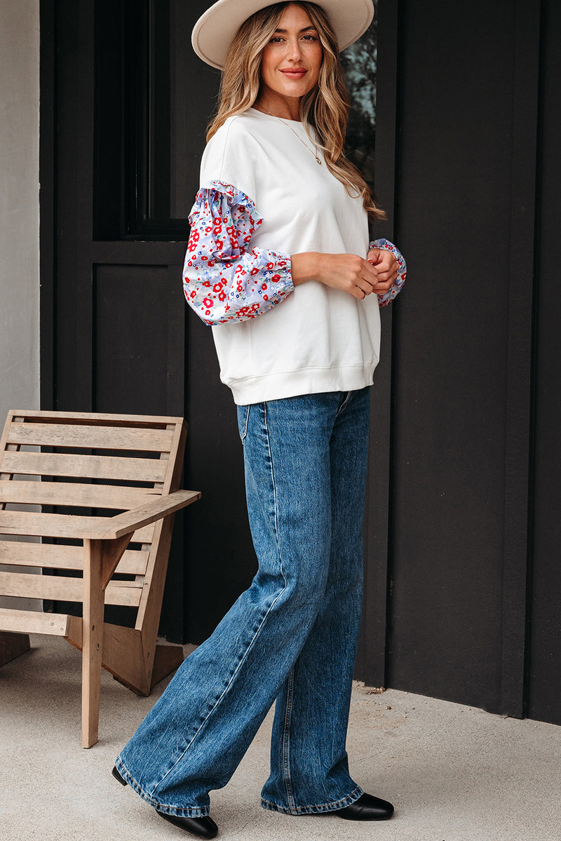 Floral Ruffled Balloon Sleeve Patchwork Loose Blouse