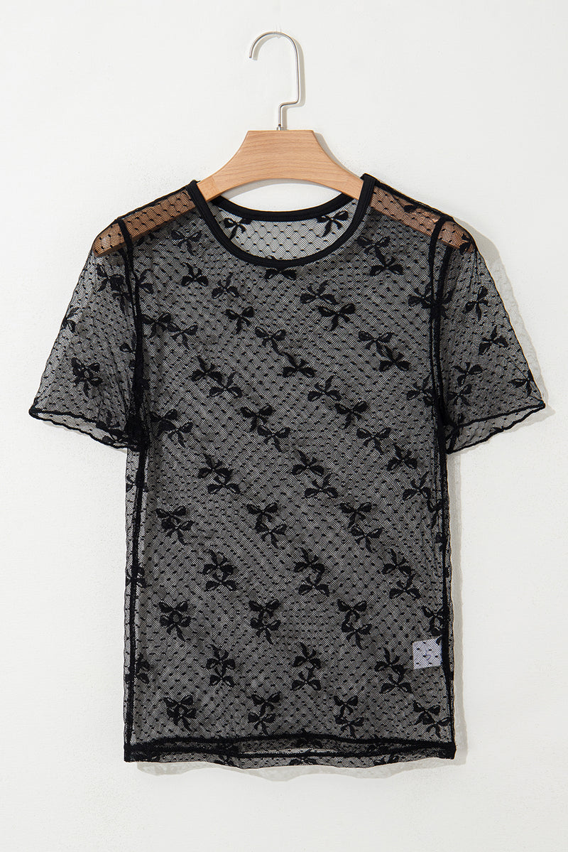 Bow Knot Dotted See-through Mesh Patched Slim Fit Blouse