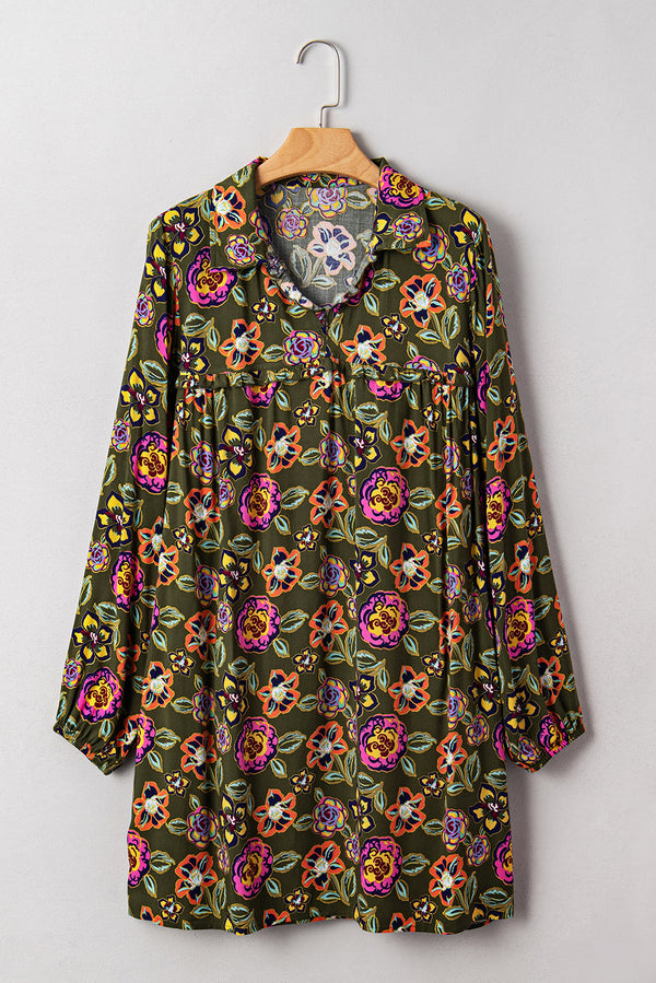 Floral Print Split Neck Bubble Sleeve Shift Mini Dress