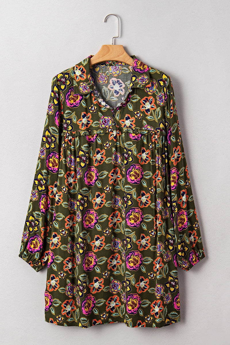 Floral Print Split Neck Bubble Sleeve Shift Mini Dress