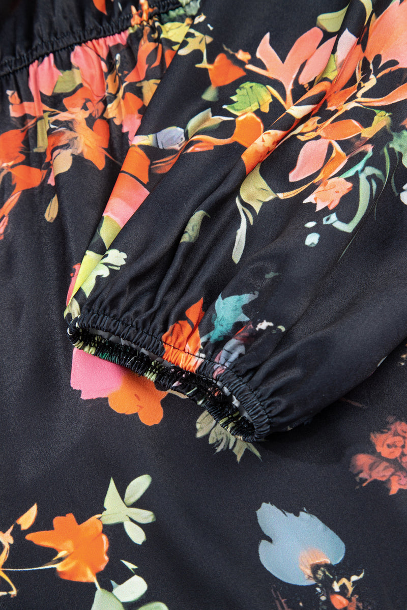 Plus Size Floral Print Tie Neck Cinched Waist Long Sleeve Mini Dress